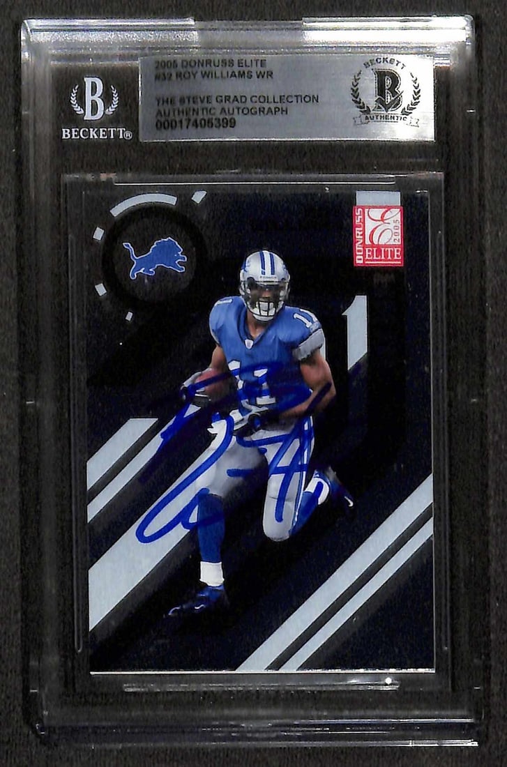 Roy Williams Signed 2005 Donruss Elite #32 Card Beckett Certified: Roy Williams Signed 2005 Donruss Elite #32 Card Beckett Certified This is an authentic 2005 Donruss Elite #32 sports trading card signed by Roy Williams, former Wide Receiver for the Detroit Lions. Th