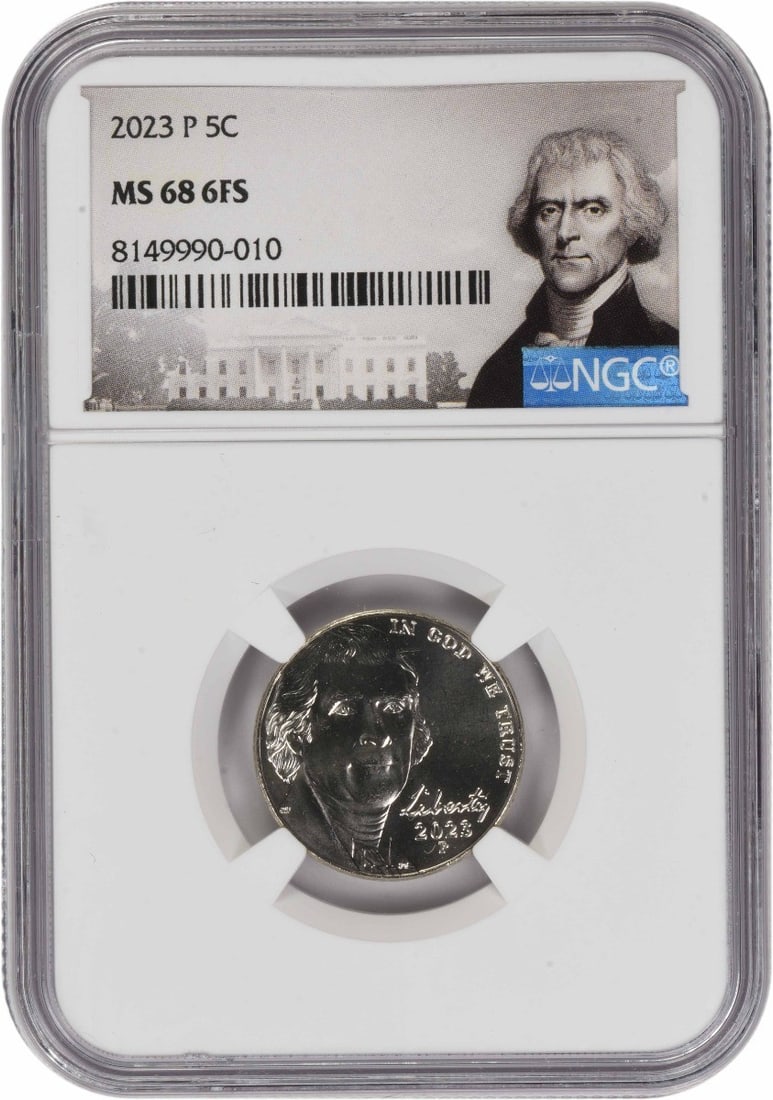 NGC MS68 2023-P Jefferson Nickel 6 Full Steps: NGC MS68 2023-P Jefferson Nickel 6 Full Steps This 2023 Jefferson Nickel was minted in Philadelphia and is graded MS68 with 6 Full Steps by NGC. Featuring a composition of 75% copper and 25% nickel, t