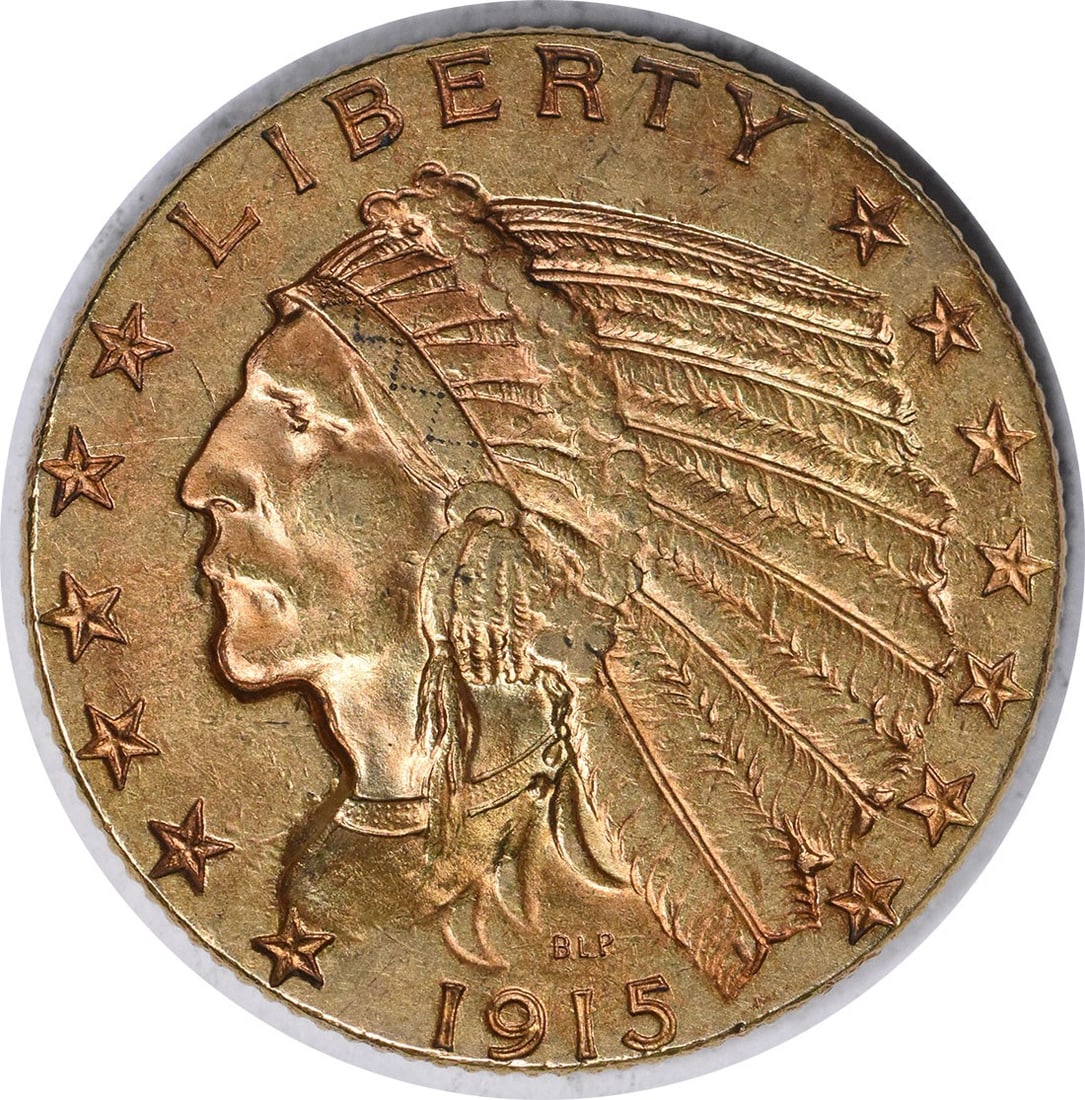 1915 Indian Head $5 Gold Coin EF Grade Uncertified: 1915 Indian Head $5 Gold Coin EF Grade Uncertified This 1915 $5 Gold Indian coin was minted in Philadelphia and designed by Bela Lyon Pratt. Composed of 90% gold and 10% copper, it features a reeded e