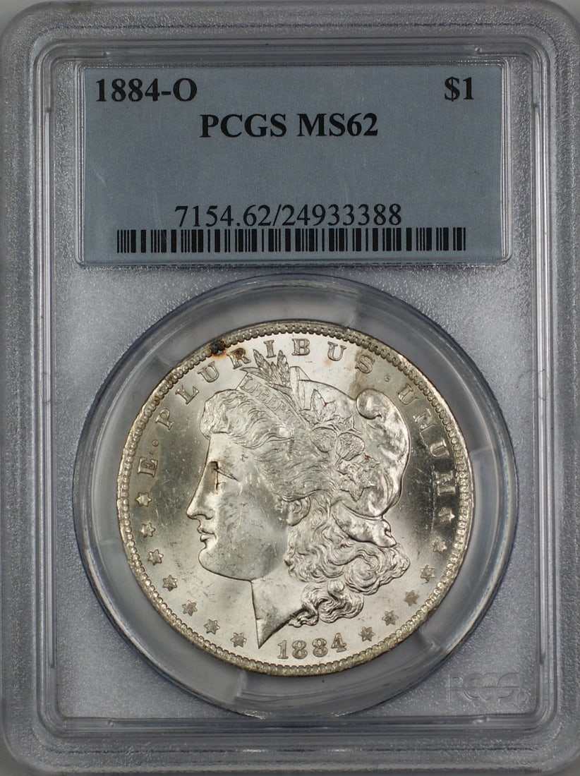 PCGS MS-62 1884-O Morgan Dollar Uncirculated Silver Coin New Orleans Mint: PCGS MS-62 1884-O Morgan Dollar Uncirculated Silver Coin New Orleans Mint This 1884-O Morgan Silver Dollar is certified by PCGS with a grade of MS-62. Minted in New Orleans, this uncirculated coin is 