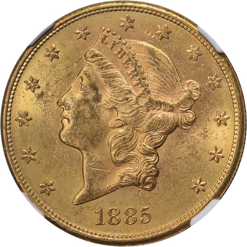 NGC MS60 1885-S Liberty $20 Double Eagle Gold Coin United States: NGC MS60 1885-S Liberty $20 Double Eagle Gold Coin United States This original 1885-S Liberty Gold $20 coin is graded NGC MS60. It features attractive eye appeal, good luster, and a well-defined strik