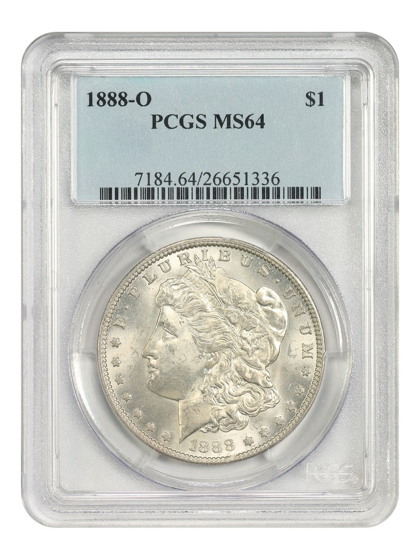 PCGS MS64 1888 O Morgan Dollar $1 New Orleans Mint: PCGS MS64 1888 O Morgan Dollar $1 New Orleans Mint This is an 1888-O Morgan Dollar $1 certified by PCGS and graded MS64. It is a New Orleans Mint issue described as slightly better O-mint, and it is u