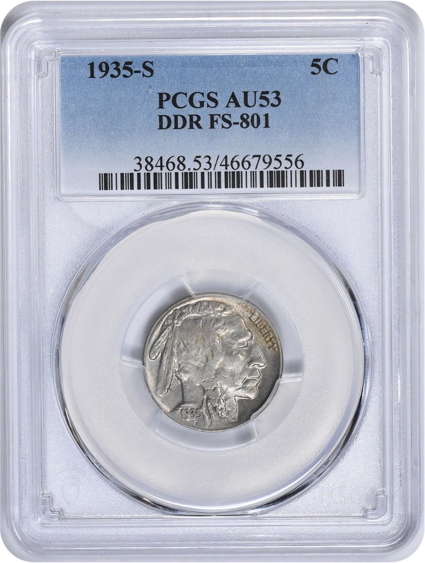 PCGS AU53 1935-S Buffalo Nickel DDR FS-801: PCGS AU53 1935-S Buffalo Nickel DDR FS-801 This 1935-S Buffalo Nickel features the DDR FS-801 variety and is graded AU53 by PCGS. Composed of nickel, this circulated coin was minted in the United Stat