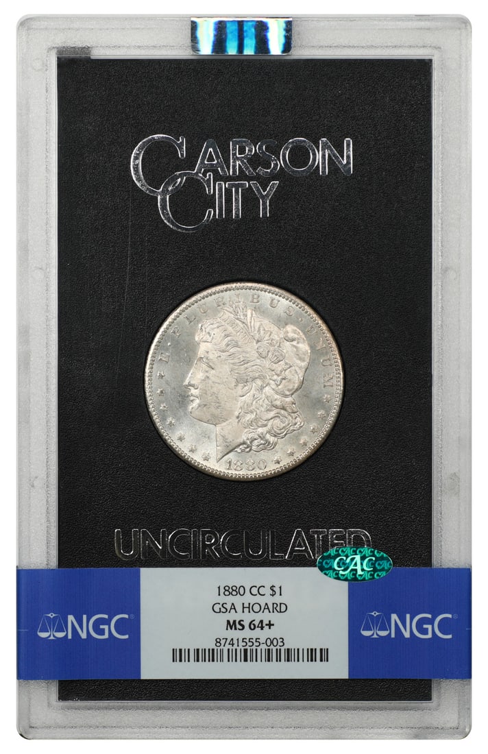 1880-CC Morgan Dollar $1 NGC MS64+ CAC in GSA Case: 1880-CC Morgan Dollar $1 NGC MS64+ CAC in GSA Case 1880-CC Morgan Dollar $1 certified by NGC and endorsed by CAC, graded MS64+. This Carson City issue is presented as an ever-popular CC-Mint GSA house