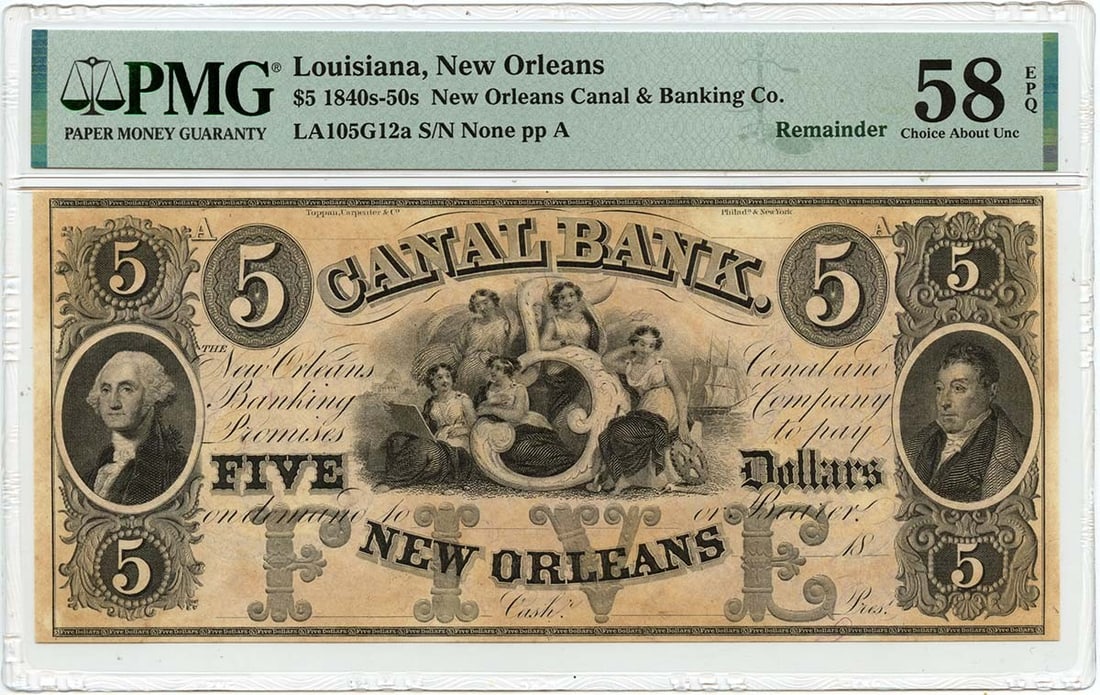 PMG AU58 EPQ 1840s New Orleans Canal Bank $5 Obsolete Note (1 of 2)