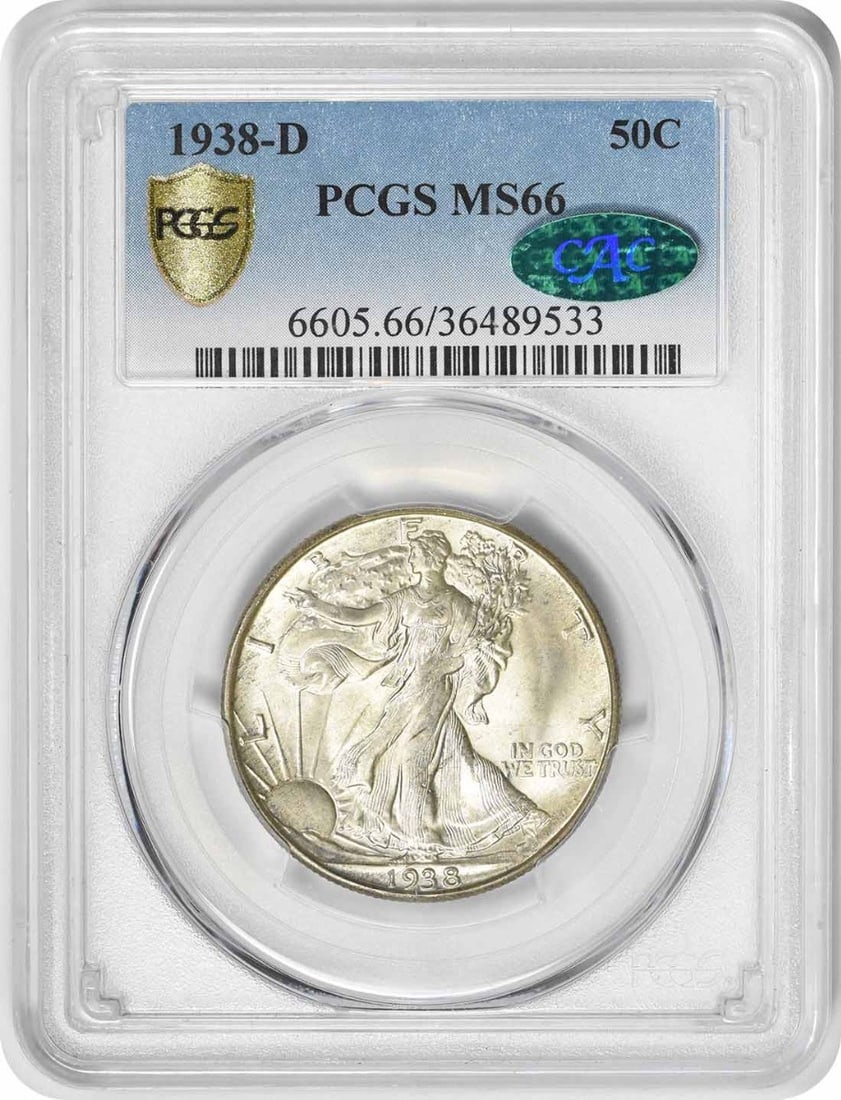 1938-D Walking Liberty Half Dollar MS66 PCGS Uncirculated Silver Coin: 1938-D Walking Liberty Half Dollar MS66 PCGS Uncirculated Silver Coin This 1938-D Walking Liberty Silver Half Dollar is certified by PCGS and boasts a prestigious grade of MS66. Struck in Denver, this