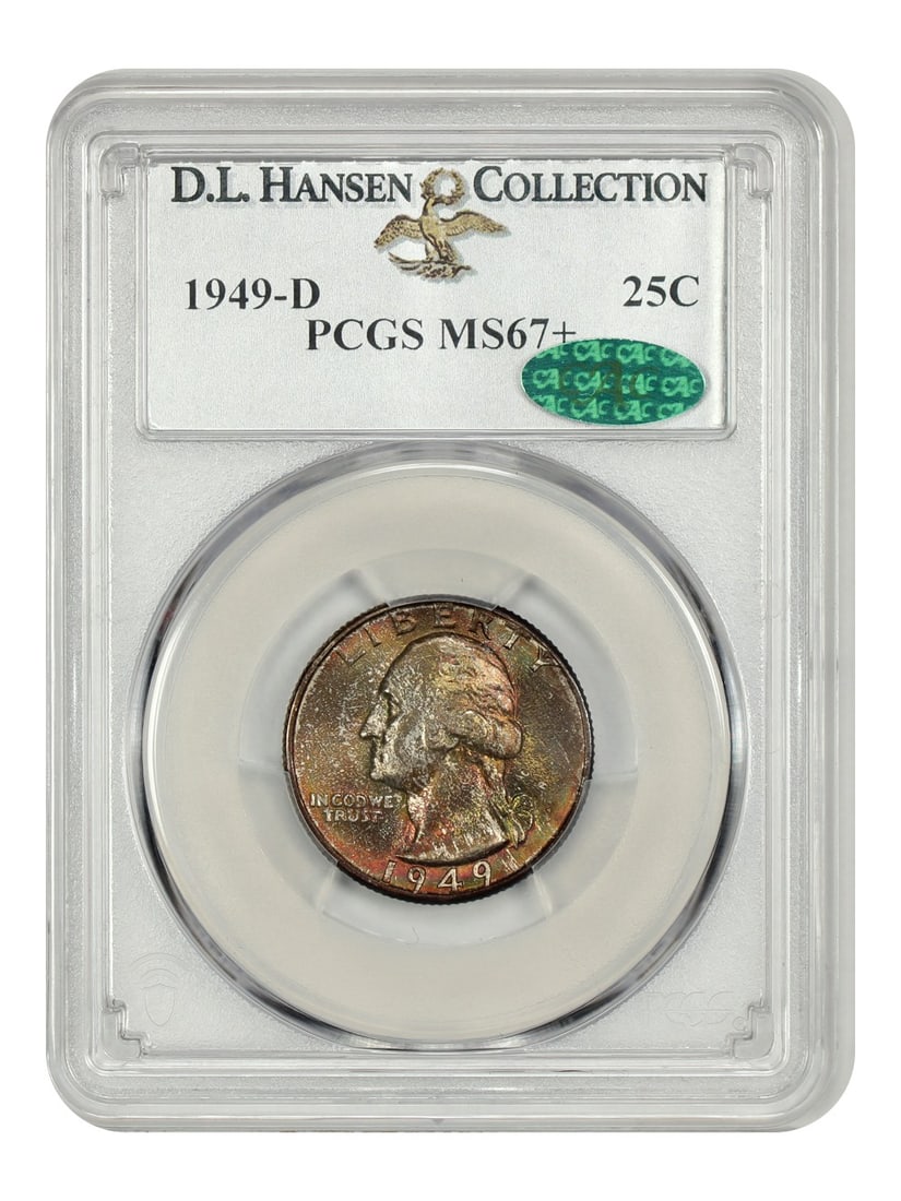 PCGS CAC MS67+ 1949-D 25C Washington Quarter: PCGS CAC MS67+ 1949-D 25C Washington Quarter 1949-D Washington Quarter graded PCGS MS67+ and CAC approved. This Denver Mint issue is described as rainbow toned from residing in an old mint set, undist