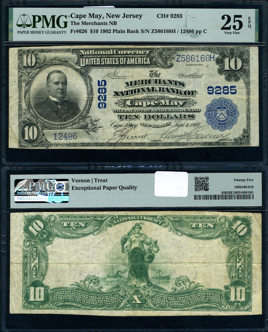 1902 $10 Cape May NJ Merchants National Bank PMG VF25 Note: 1902 $10 Cape May NJ Merchants National Bank PMG VF25 Note This $10 banknote from Cape May, New Jersey, is a rare 1902 series note issued by the Merchants National Bank. Graded by PMG as VF25, this ci