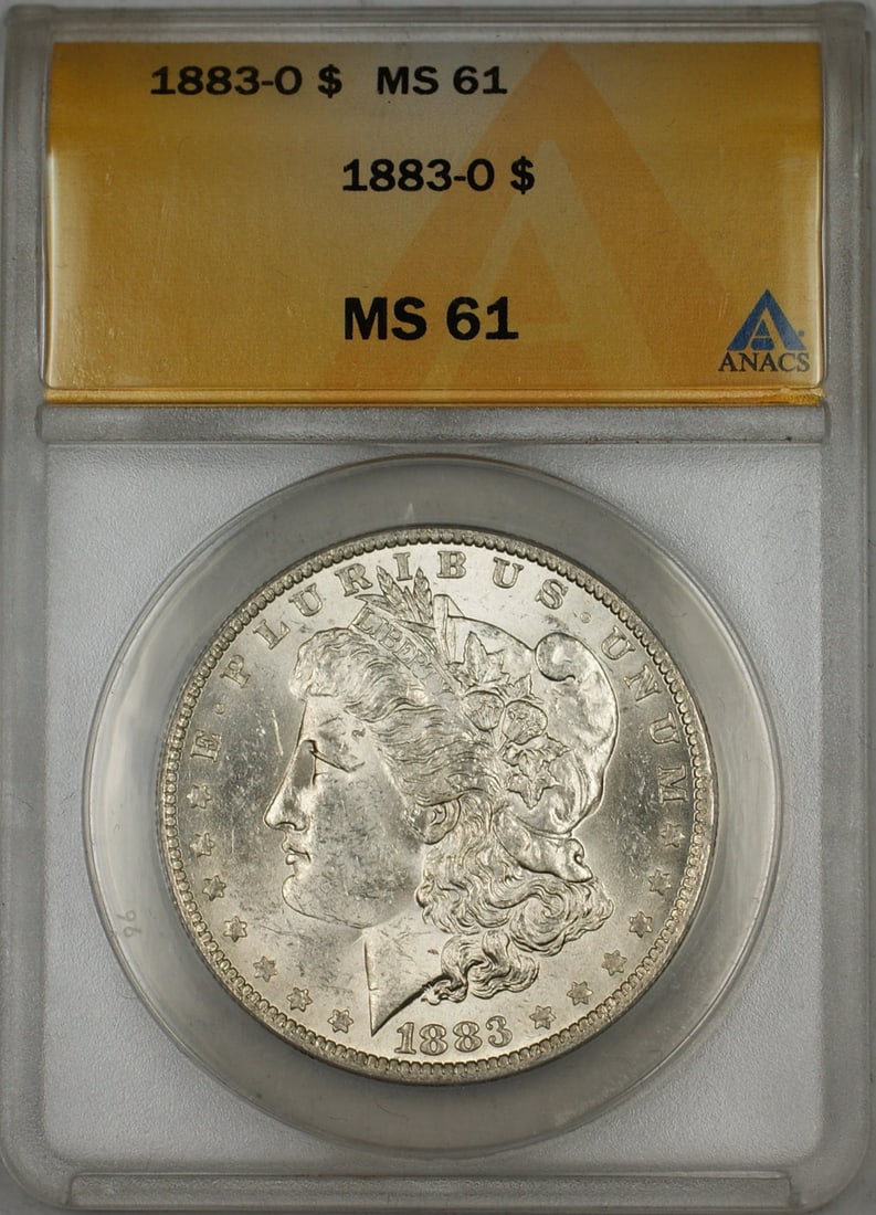 ANACS MS-61 1883-O Silver Dollar from New Orleans Mint: ANACS MS-61 1883-O Silver Dollar from New Orleans Mint This 1883-O Morgan Silver Dollar is certified by ANACS with a grade of MS-61. Minted in New Orleans in 1883, this uncirculated coin is composed o