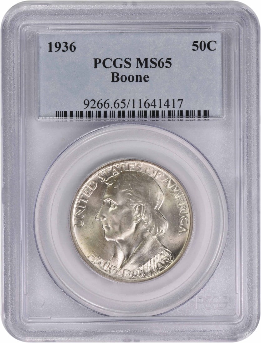 1936 Boone Commemorative Silver Half Dollar MS65 PCGS Certified: 1936 Boone Commemorative Silver Half Dollar MS65 PCGS Certified This Boone Commemorative Silver Half Dollar, minted in 1936, showcases exceptional craftsmanship and historical significance. Graded MS6