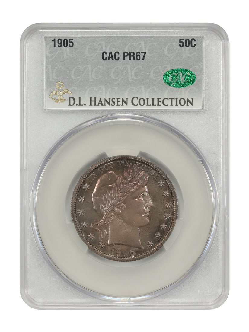 Barber Half Dollar 1905 50C PR67 CACG ex D.L. Hansen: Barber Half Dollar 1905 50C PR67 CACG ex D.L. Hansen This 1905 Barber Half Dollar is a proof 50C from Philadelphia, certified by CACG and graded PR67. It is described as an uncirculated example from a