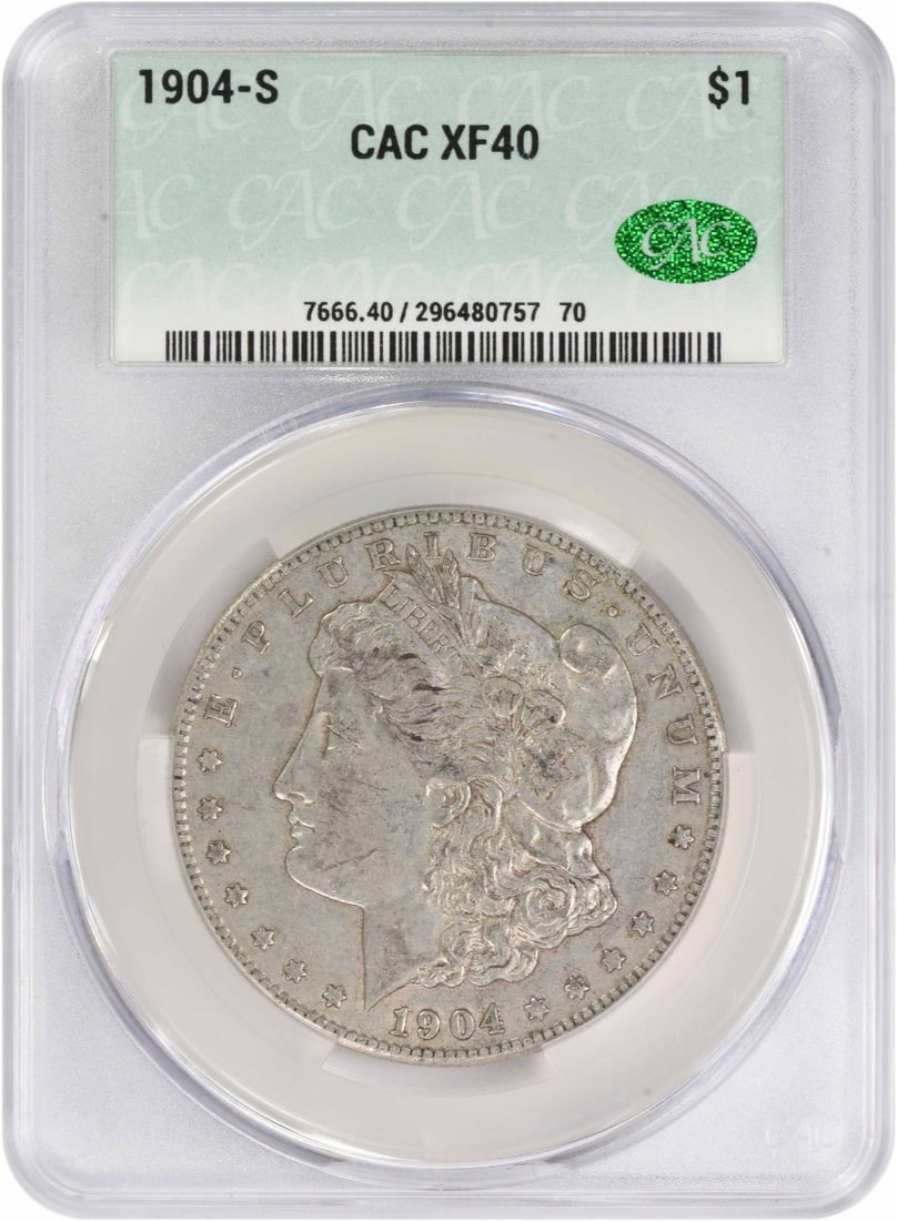1904-S Morgan Silver Dollar EF40 CACG Certified 90% Silver Coin: 1904-S Morgan Silver Dollar EF40 CACG Certified 90% Silver Coin This 1904-S Morgan Silver Dollar is a remarkable piece minted in San Francisco, featuring a composition of 90% silver and 10% copper. Ce