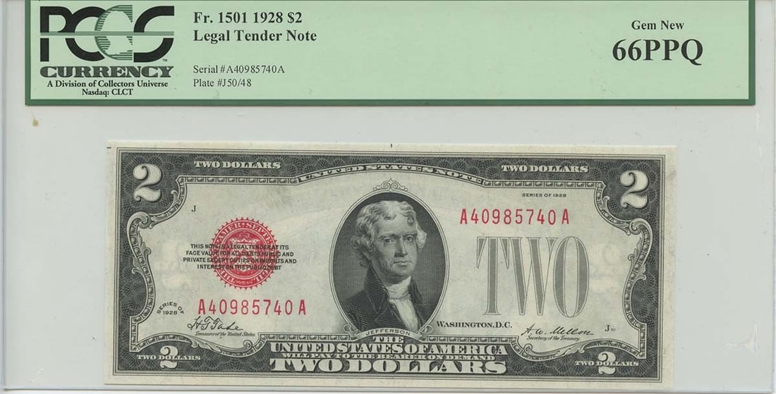 1928 $2 FR1501 Legal Tender Note PCGS MS66 Premium Quality: 1928 $2 FR1501 Legal Tender Note PCGS MS66 Premium Quality This 1928 $2 Legal Tender Note, type FR#1501, is certified by PCGS Currency with a grade of MS66 and awarded a PPQ Gem designation. The note 