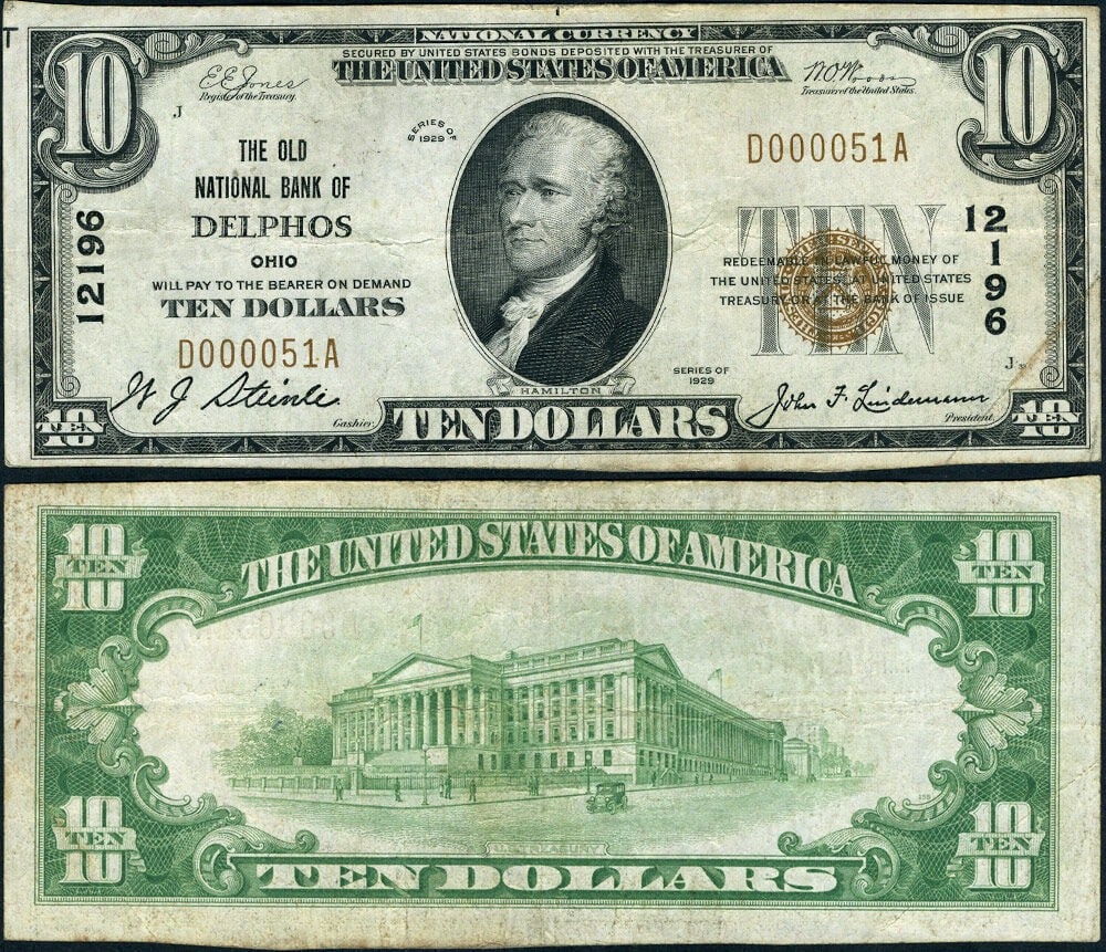 1929 Type 1 Delphos Ohio $10 National Bank Note CH 12196 VF (1 of 3)