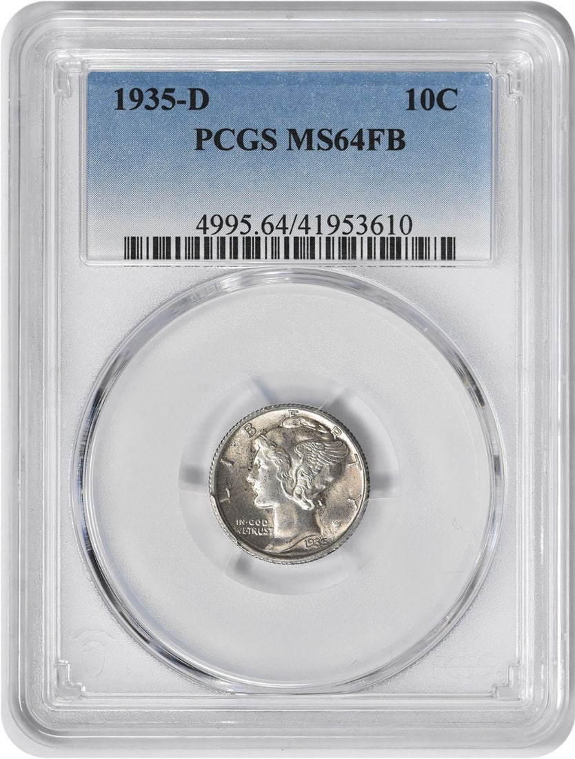 PCGS MS64FB 1935-D Denver Mercury Dime 90 Percent Silver Uncirculated: PCGS MS64FB 1935-D Denver Mercury Dime 90 Percent Silver Uncirculated This 1935-D Mercury Silver Dime is an uncirculated coin graded MS64FB by PCGS. Struck at the Denver Mint, it features a compositio