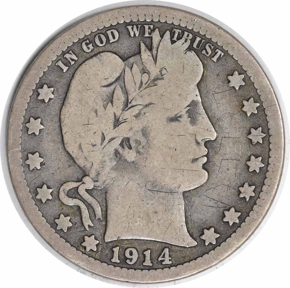 1914 San Francisco Barber Quarter 90 Percent Silver Very Good Uncertified: 1914 San Francisco Barber Quarter 90 Percent Silver Very Good Uncertified This is a 1914-S Barber Quarter from the United States, minted in San Francisco. The coin is circulated and in VG (Very Good) 