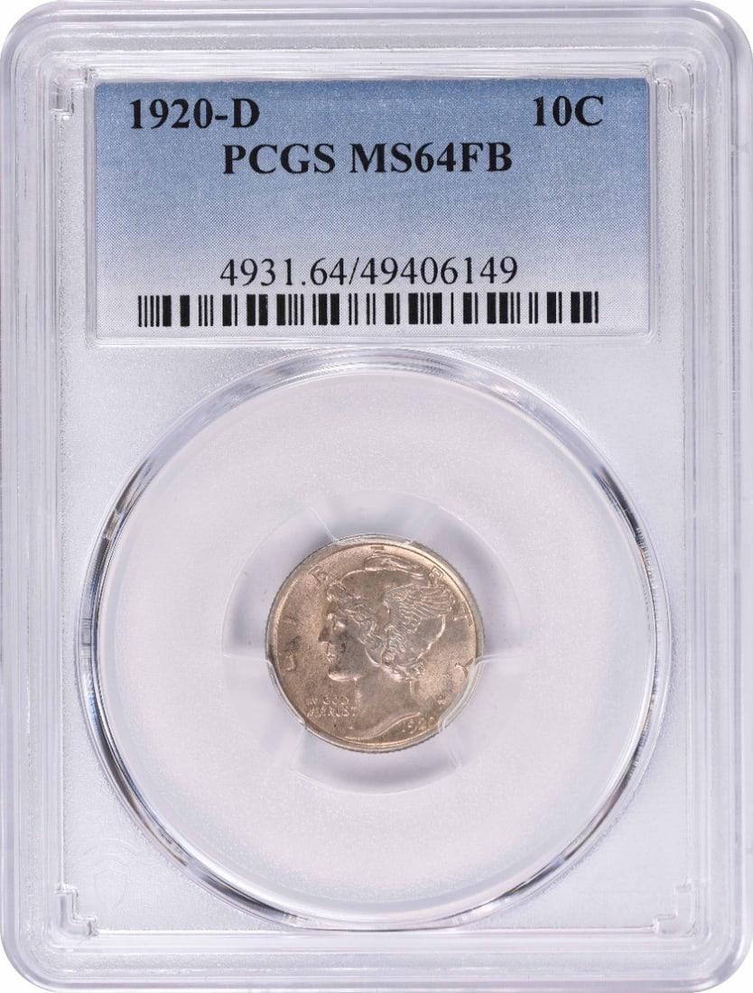1920-D Mercury Dime MS64FB PCGS Certified 90% Silver Coin: 1920-D Mercury Dime MS64FB PCGS Certified 90% Silver Coin This 1920-D Mercury Silver Dime is a stunning addition to any coin collection, graded MS64FB by PCGS. Featuring a beautiful design by Adolph A