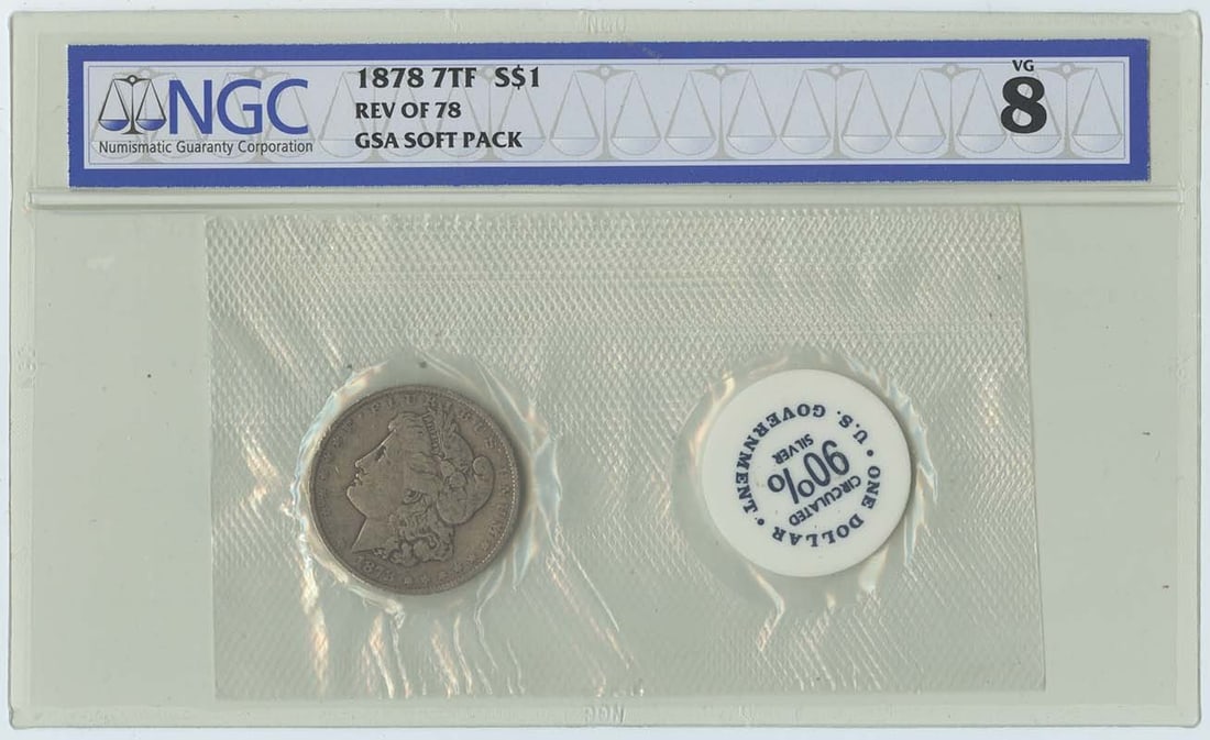 NGC VG8 1878 Morgan Dollar 7 Tail Feathers Reverse of 78 GSA Soft Pack: NGC VG8 1878 Morgan Dollar 7 Tail Feathers Reverse of 78 GSA Soft Pack This is an 1878 7 Tail Feathers Reverse of 78 Morgan Dollar presented in a GSA soft pack. The coin is certified by NGC with a gra