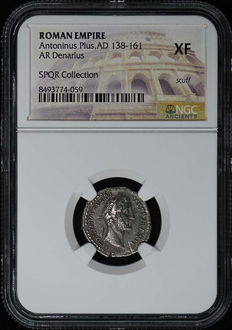 NGC XF Antoninus Pius Roman Empire AR Denarius: NGC XF Antoninus Pius Roman Empire AR Denarius This is a Roman Empire AR (silver) Denarius from the reign of Antoninus Pius, dating from AD 138-161. The coin has been certified by NGC and is graded XF