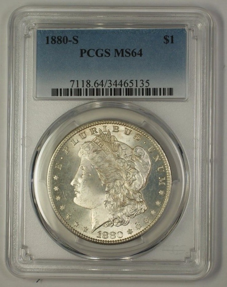 1880 San Francisco Morgan Dollar Silver Coin PCGS MS-64: 1880 San Francisco Morgan Dollar Silver Coin PCGS MS-64 This is an 1880-S Morgan Silver Dollar $1 coin, minted in San Francisco and graded MS-64 by PCGS. The coin is composed of silver, remains uncirc