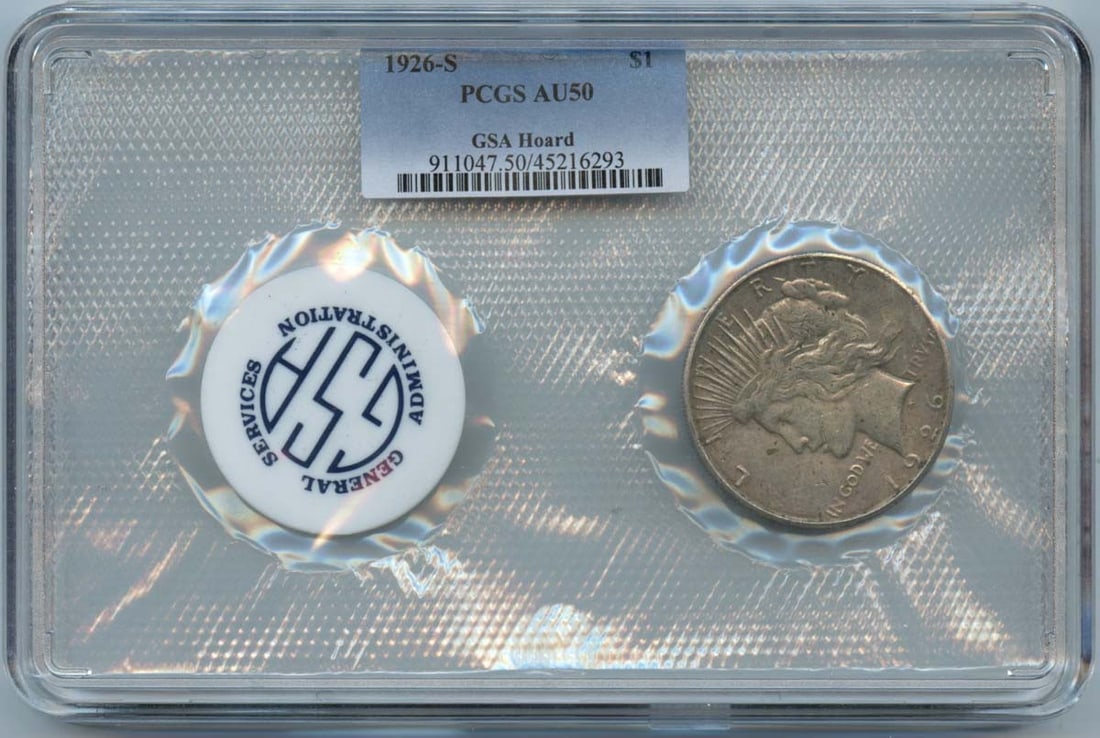 1926-S Peace Dollar Soft Pack GSA Hoard PCGS AU50: 1926-S Peace Dollar Soft Pack GSA Hoard PCGS AU50 This 1926-S $1 Silver Dollar from the GSA Hoard is graded AU50 by PCGS. Minted in San Francisco, it is a circulated Peace Dollar and comes in a soft p