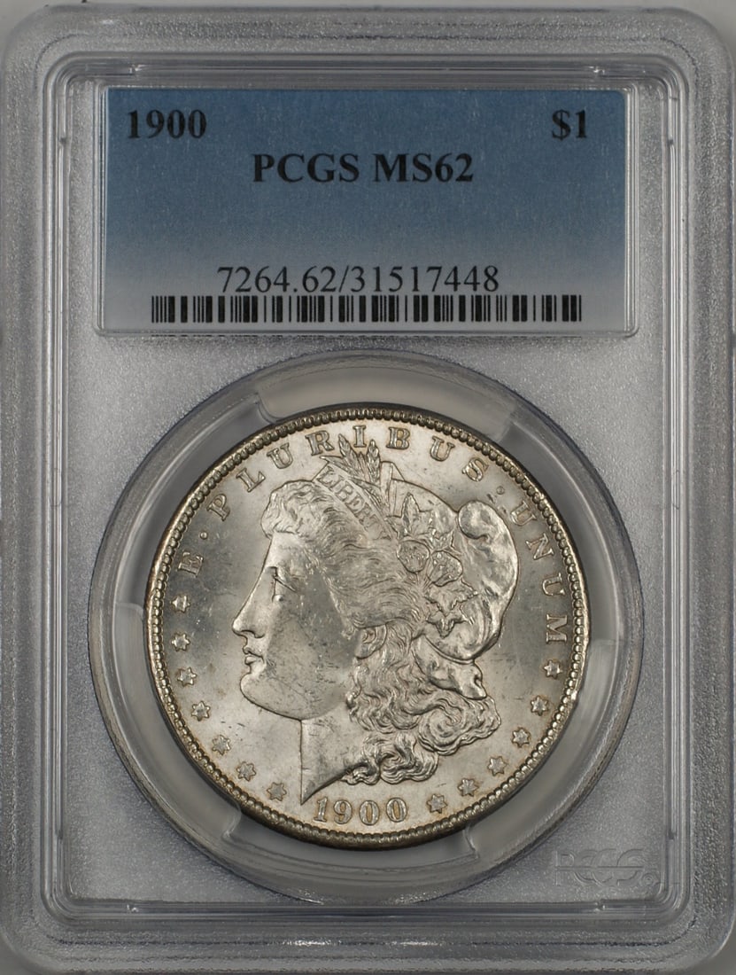 PCGS MS62 1900 Morgan Silver Dollar Lightly Toned Reverse: PCGS MS62 1900 Morgan Silver Dollar Lightly Toned Reverse This is a 1900 Morgan Silver Dollar graded MS-62 by PCGS. The coin is uncirculated and features a lightly toned reverse. It was minted in Phil
