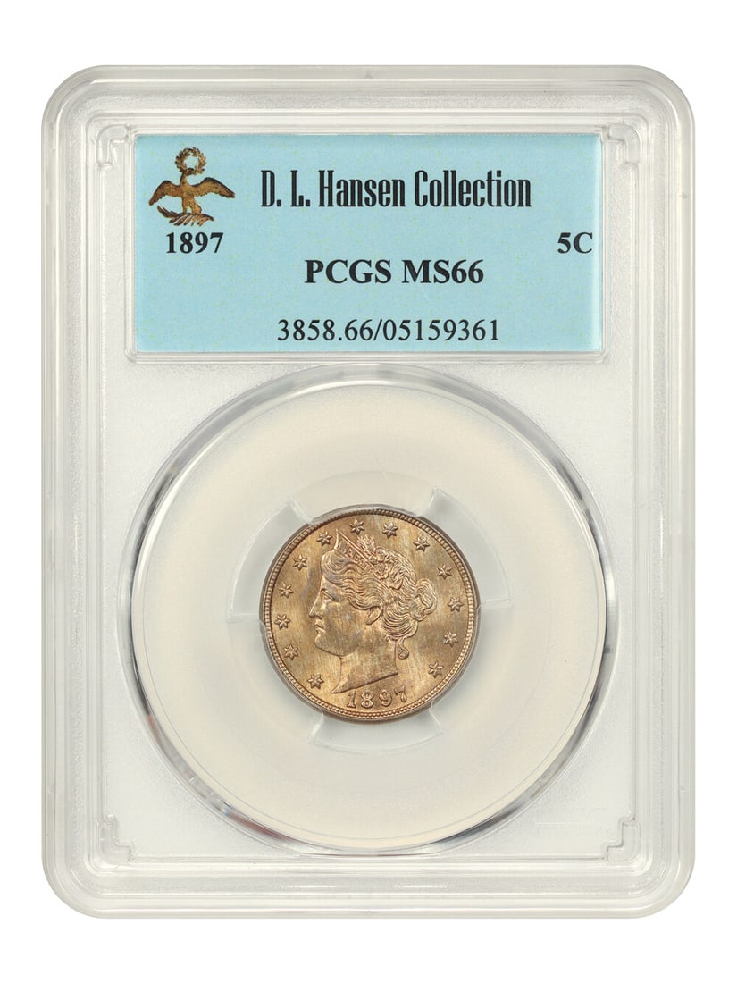 1897 Liberty Nickel 5C PCGS MS66 D.L. Hansen Collection: 1897 Liberty Nickel 5C PCGS MS66 D.L. Hansen Collection This stunning 1897 Liberty Nickel, graded MS66 by PCGS, showcases exceptional quality with a beautiful lustrous finish. The coin features delica