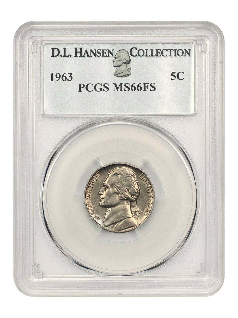 PCGS MS66 FS 1963 Jefferson Nickel 5C ex D.L. Hansen: PCGS MS66 FS 1963 Jefferson Nickel 5C ex D.L. Hansen 1963 Jefferson Nickel graded MS66 FS by PCGS. The coin is uncirculated and has great original golden-gray color with exciting luster. Certification
