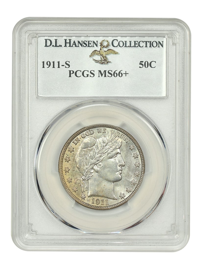 PCGS MS66+ 1911-S Barber Half Dollar 50C: PCGS MS66+ 1911-S Barber Half Dollar 50C 1911-S Barber Half Dollar certified by PCGS and graded MS66+. This uncirculated 50C coin from the San Francisco Mint is described as rare in this grade, with o