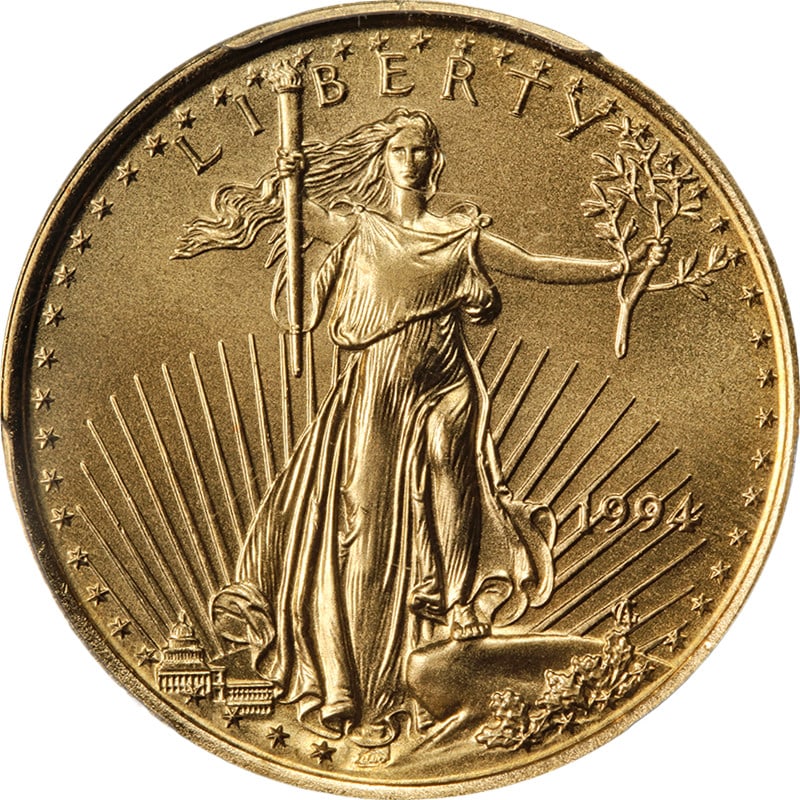 PCGS MS69 1994 Ten Dollar Gold American Eagle Coin Uncirculated: PCGS MS69 1994 Ten Dollar Gold American Eagle Coin Uncirculated This 1994 Gold American Eagle $10 coin is graded MS69 by PCGS, reflecting its nearly perfect condition. The coin features superb luster,