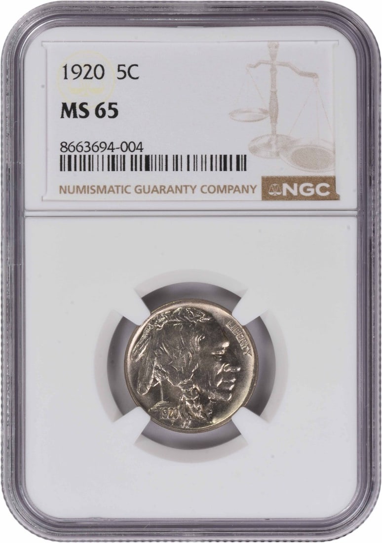 1920 United States Buffalo Nickel NGC MS65 Certified Uncirculated: 1920 United States Buffalo Nickel NGC MS65 Certified Uncirculated This 1920 Buffalo Nickel is certified by NGC with a grade of MS65. The coin is uncirculated, composed of silver, and was minted in the