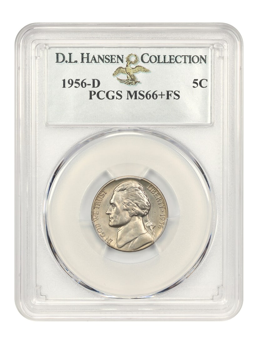 PCGS MS66+ FS 1956-D Jefferson Nickel 5C: PCGS MS66+ FS 1956-D Jefferson Nickel 5C A 1956-D Jefferson Nickel graded MS66+ FS by PCGS, encapsulated in a protective holder. The coin has nice original toning with excellent luster for the assigne