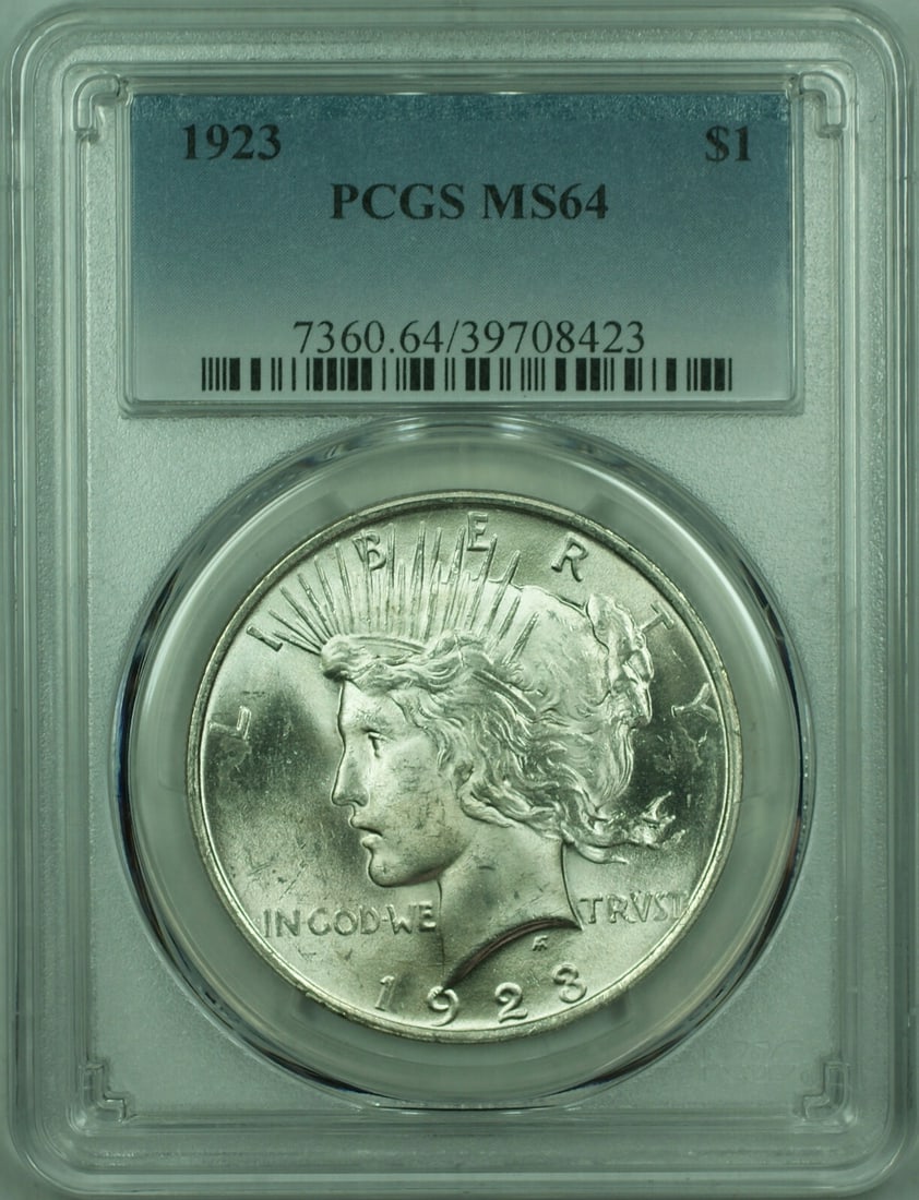 PCGS MS-64 1923 Peace Dollar Silver Coin United States $1: PCGS MS-64 1923 Peace Dollar Silver Coin United States $1 This is a 1923 Peace Silver Dollar $1 coin certified by PCGS with a grade of MS-64. The coin is composed of 0.9 fineness silver and was minted