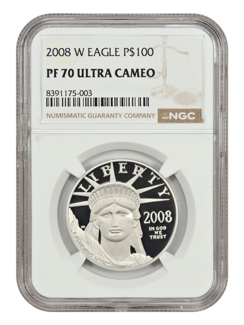 NGC PR70 DCAM 2008-W $100 Platinum Eagle Statue of Liberty: NGC PR70 DCAM 2008-W $100 Platinum Eagle Statue of Liberty 2008-W $100 Statue of Liberty Platinum Eagle graded PR70DCAM by NGC. This uncirculated coin is from the Platinum Eagles series and was struck