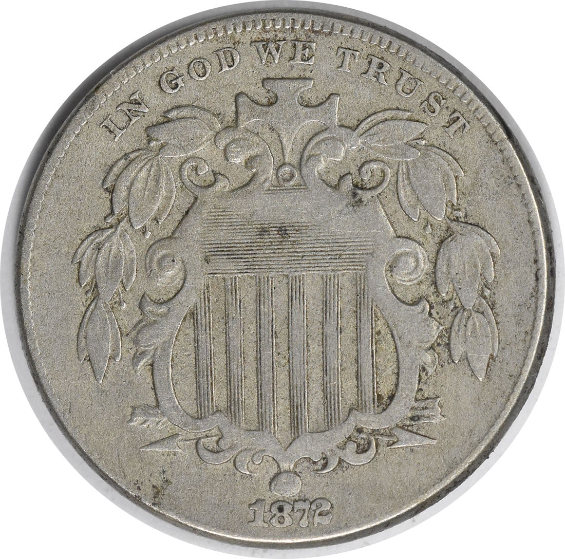 1872 5C Shield Nickel VF Philadelphia Uncertified: 1872 5C Shield Nickel VF Philadelphia Uncertified An 1872 Shield Nickel in VF grade, circulated and uncertified. This United States 5-cent coin was minted in Philadelphia and designed by James Barton 