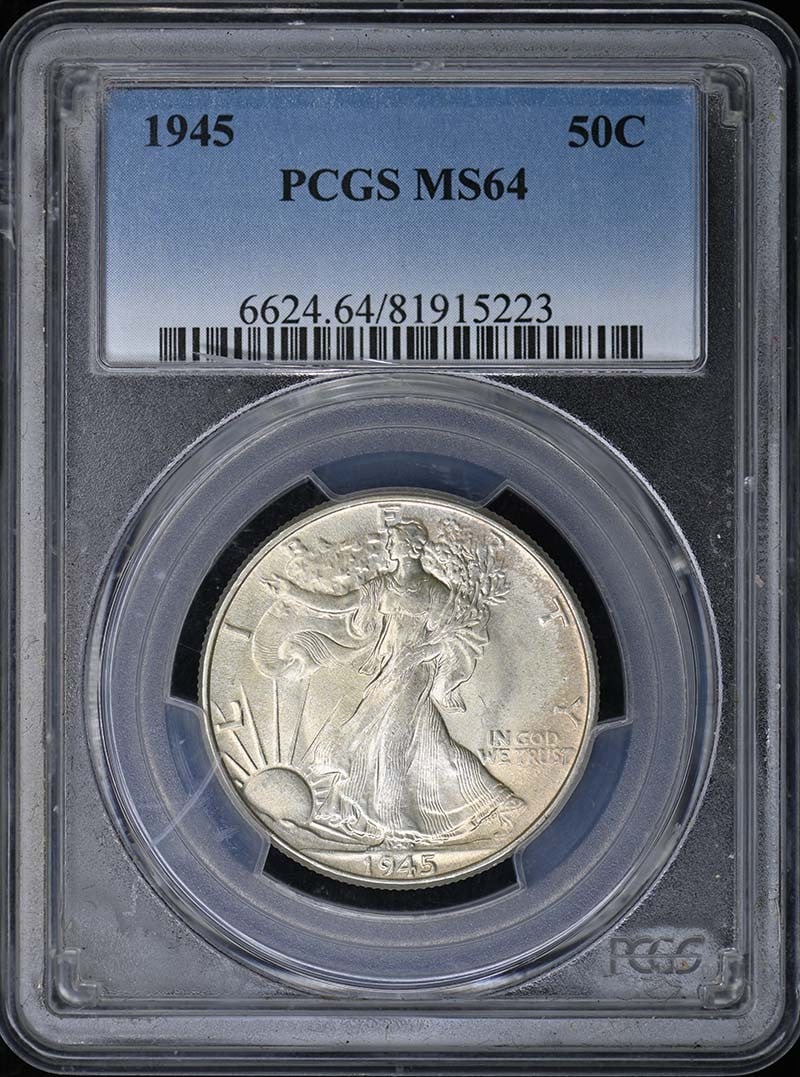 1945 Philadelphia Walking Liberty Half Dollar PCGS MS64: 1945 Philadelphia Walking Liberty Half Dollar PCGS MS64 This is a 1945 Walking Liberty Half Dollar graded MS64 by PCGS. The coin is uncirculated and was minted in Philadelphia. It is a pre-owned item 