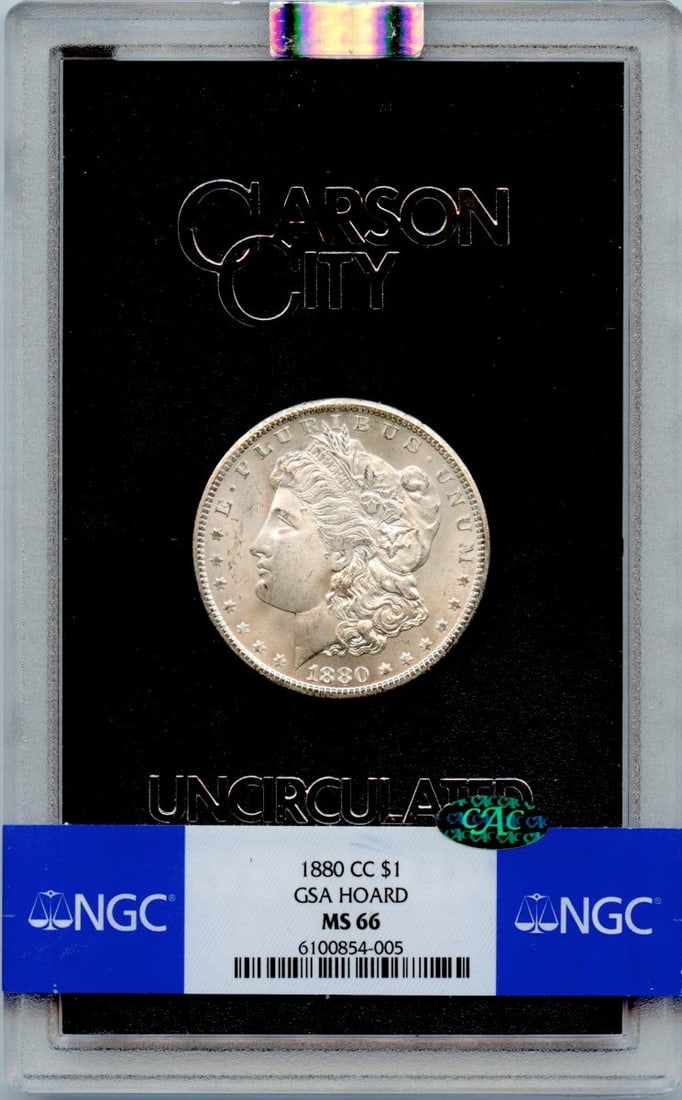 NGC MS66 Carson City 1880 Morgan Silver Dollar GSA Hoard CAC: NGC MS66 Carson City 1880 Morgan Silver Dollar GSA Hoard CAC This is an 1880 Carson City Morgan Dollar, graded MS66 by NGC and part of the GSA Hoard. The coin is uncirculated and features the CAC desi