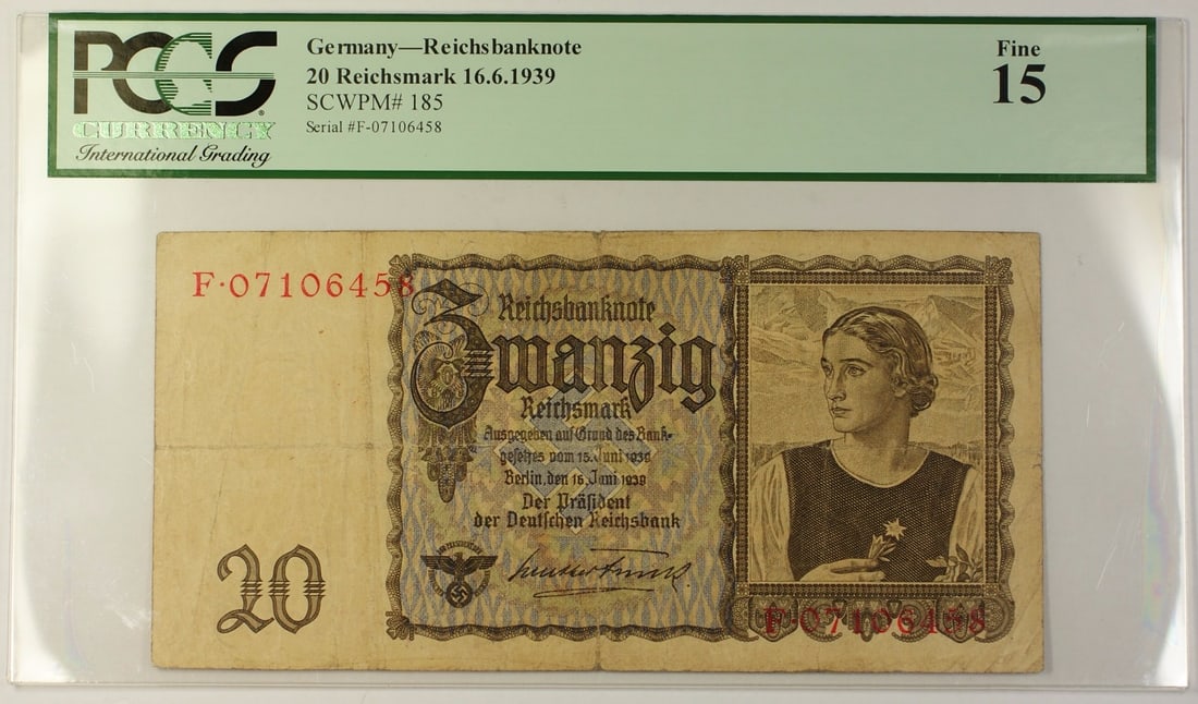 PCGS F-15 Germany 20 Reichsmark Banknote SCWPM 185 Dated 16 June 1939 (1 of 2)