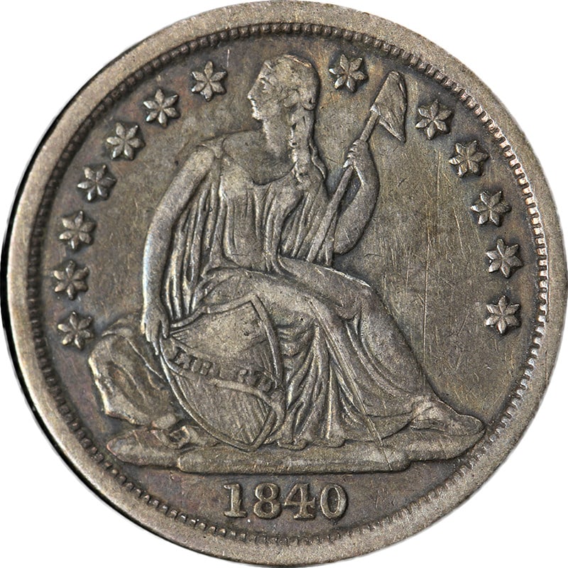 1840 P No Drapery Seated Liberty Dime Silver Choice XF: 1840 P No Drapery Seated Liberty Dime Silver Choice XF 1840-P Seated Liberty Dime 'No Drapery' in Choice XF grade with superb eye appeal and a nice strike. The coin is described as having nearly perfe