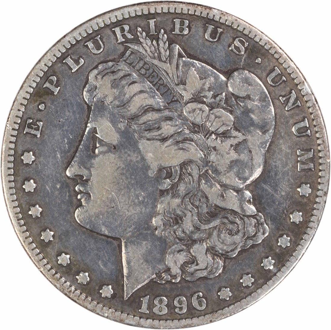 San Francisco 1896 Morgan Dollar VF 90 Percent Silver Uncertified: San Francisco 1896 Morgan Dollar VF 90 Percent Silver Uncertified This is a pre-owned 1896-S Morgan Silver Dollar from the San Francisco Mint. The coin is composed of 90% silver and 10% copper and is 