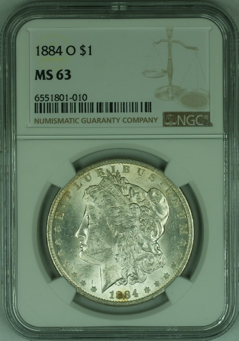 NGC MS-63 1884-O Morgan Silver Dollar from New Orleans Mint: NGC MS-63 1884-O Morgan Silver Dollar from New Orleans Mint This is an 1884-O Morgan Silver Dollar coin certified by NGC with a grade of MS-63. Struck at the New Orleans Mint, this uncirculated coin i