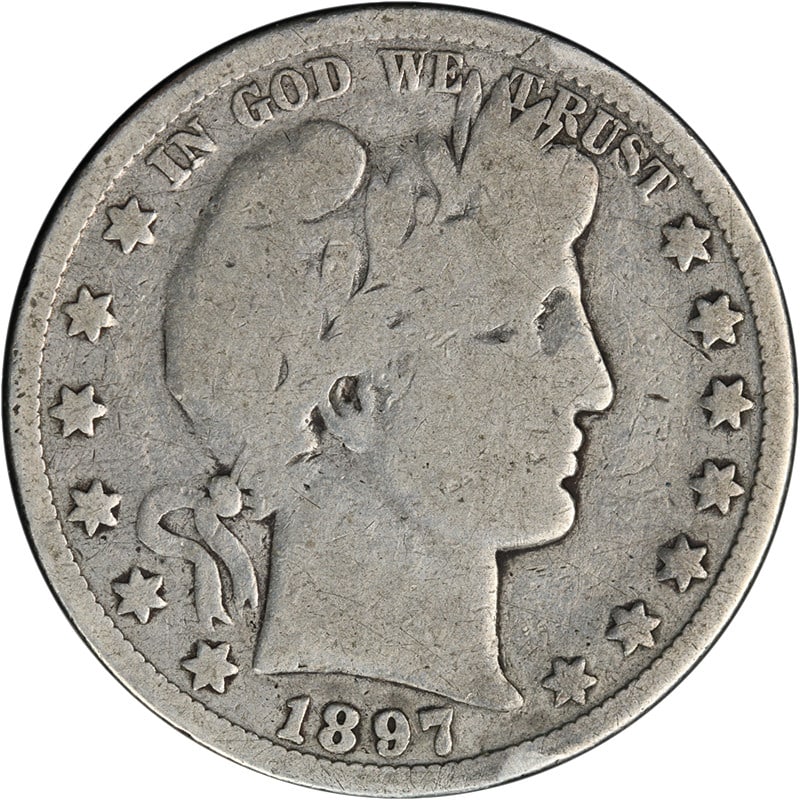 1897 O Silver Barber Half Dollar Key Date G VG: 1897 O Silver Barber Half Dollar Key Date G VG This 1897-O Barber Half Dollar is a key date coin featuring attractive eye appeal and a strong strike. It is composed of silver with a fineness of 0.9 an