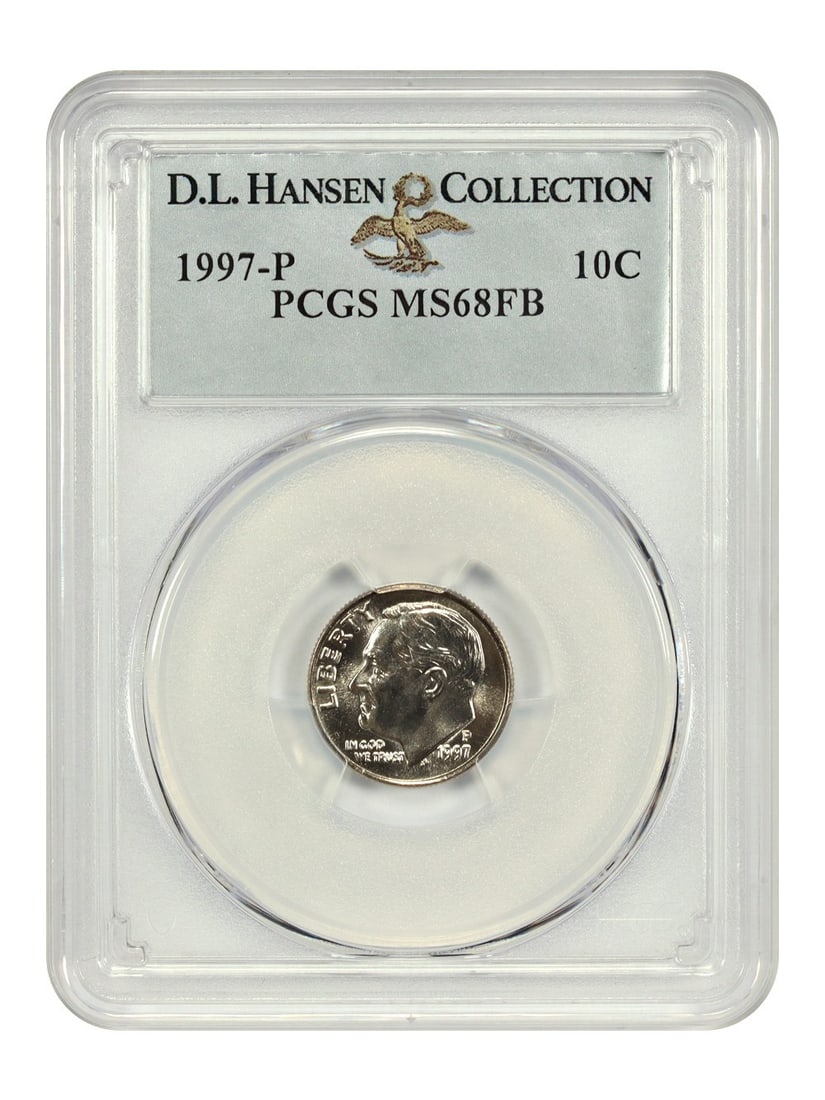 PCGS MS68FB 1997-P Roosevelt Dime 10C Finest Known Tie: PCGS MS68FB 1997-P Roosevelt Dime 10C Finest Known Tie 1997-P Roosevelt Dime certified by PCGS and graded MS68FB. This uncirculated Philadelphia issue is ex: D.L. Hansen and is tied for finest known, 