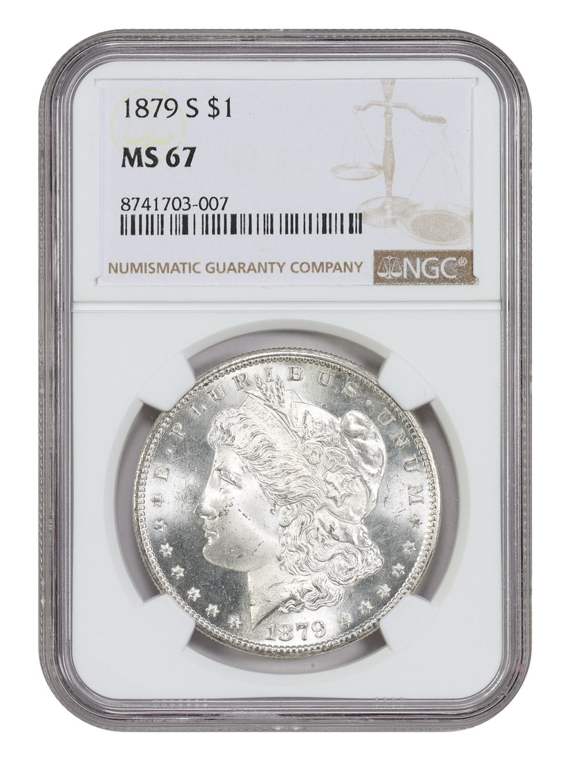 NGC MS67 1879-S Morgan Dollar $1 San Francisco Mint: NGC MS67 1879-S Morgan Dollar $1 San Francisco Mint This 1879-S Morgan Dollar is a $1 uncirculated coin certified by NGC with an MS67 grade. Minted in San Francisco, it is noted for its consistently c