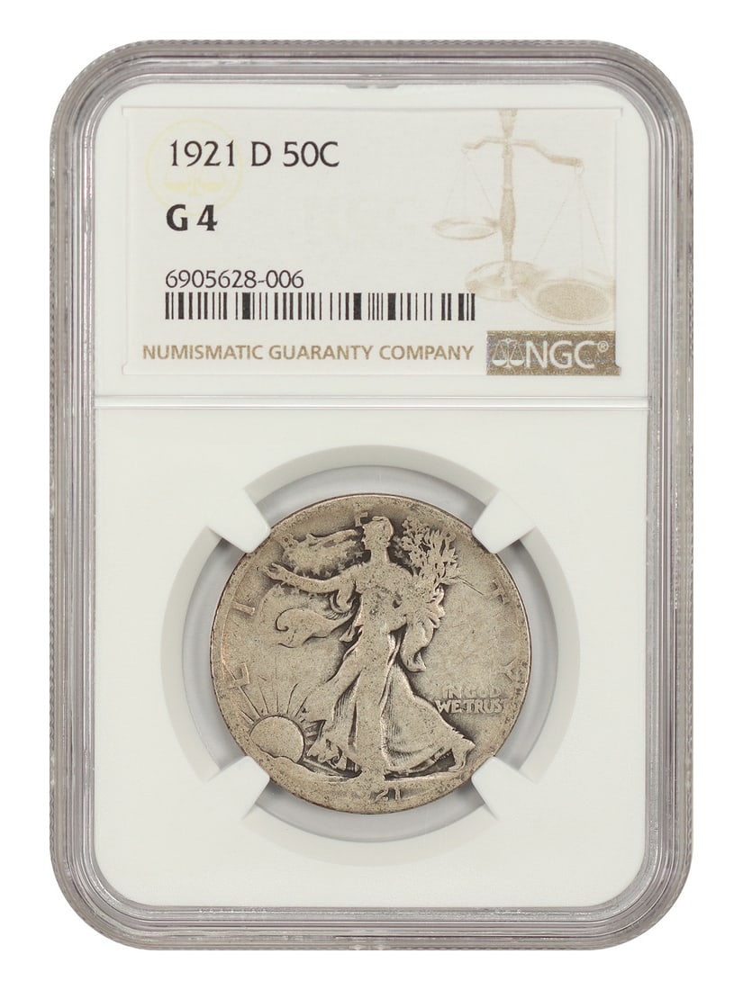 NGC Good 04 1921-D Walking Liberty Half Dollar 50C: NGC Good 04 1921-D Walking Liberty Half Dollar 50C 1921-D Walking Liberty Half Dollar, graded Good 04 by NGC. This circulated coin is the Denver-minted 50C issue and is identified as the key date in t