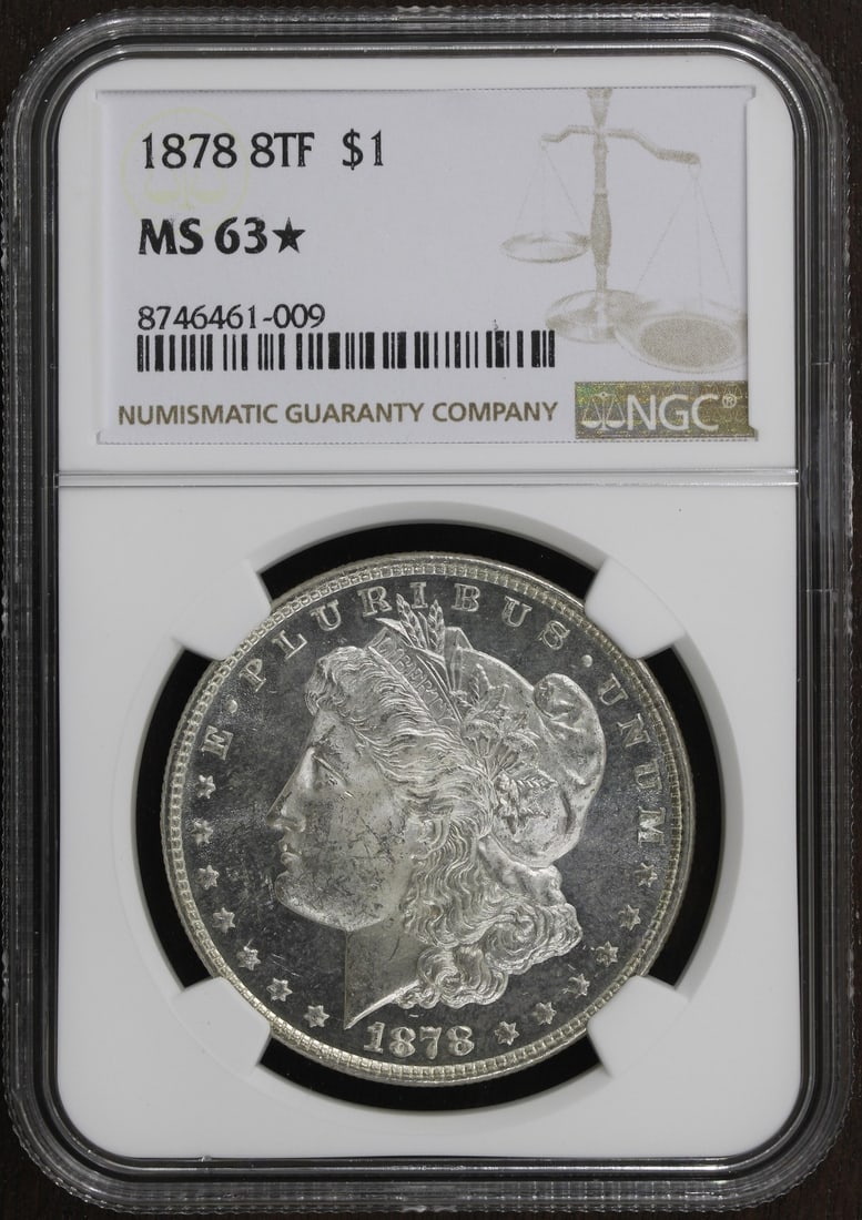 1878 Morgan Silver Dollar 8TF NGC MS63 Star: 1878 Morgan Silver Dollar 8TF NGC MS63 Star This is a pre-owned 1878 Morgan Silver Dollar featuring the 8 Tail Feathers variety. Minted in Philadelphia, this coin is composed of 90% silver and was iss