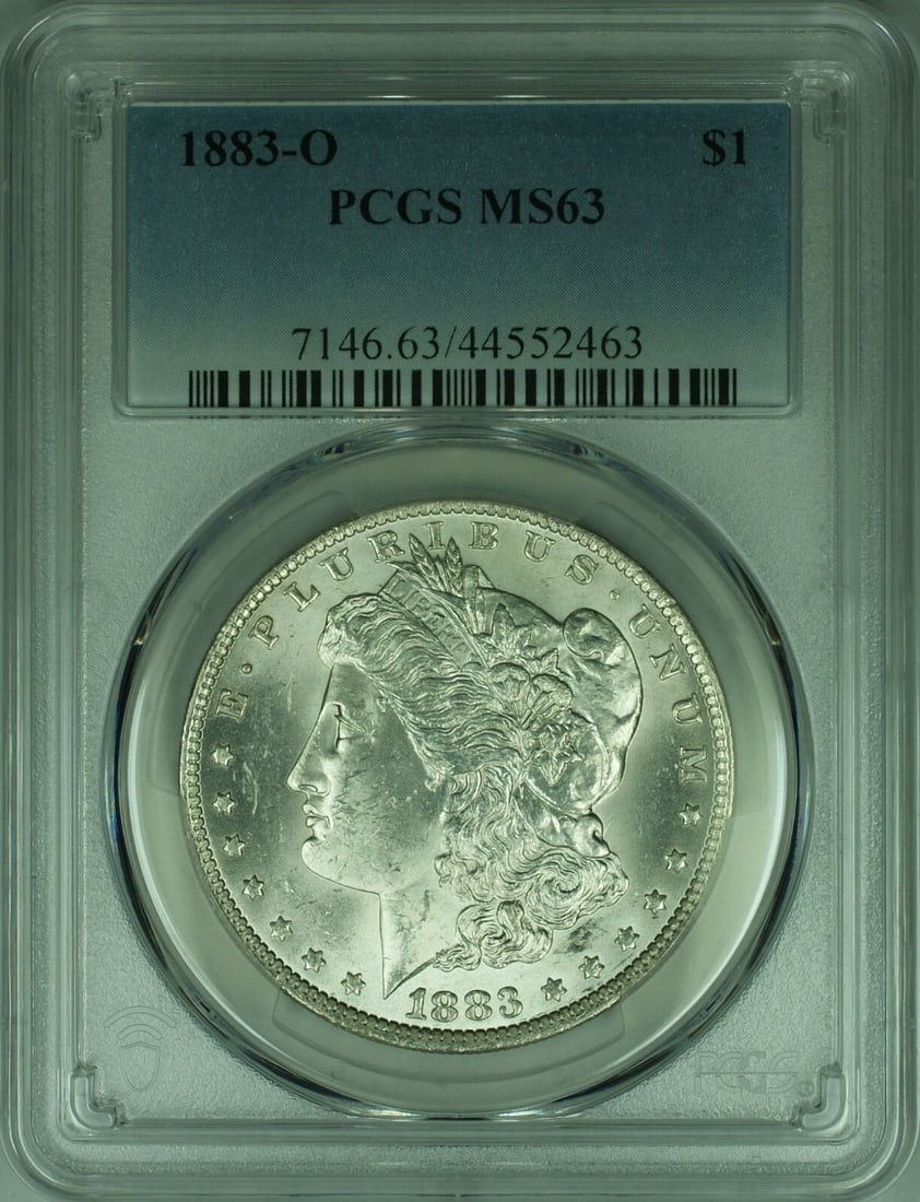 PCGS MS-63 1883-O Morgan Dollar Silver Coin from New Orleans Mint: PCGS MS-63 1883-O Morgan Dollar Silver Coin from New Orleans Mint This is an 1883-O Morgan Silver Dollar coin with a denomination of $1. Certified by PCGS and graded MS 63, this uncirculated coin was 
