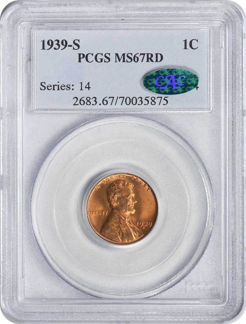 1939-S/S Lincoln Cent RPM 2 MS67RED Certified by PCGS CAC: 1939-S/S Lincoln Cent RPM 2 MS67RED Certified by PCGS CAC This 1939-S/S Lincoln Cent is a remarkable collector's item, graded MS67RED by PCGS and certified by CAC. An uncirculated coin from the San Fr