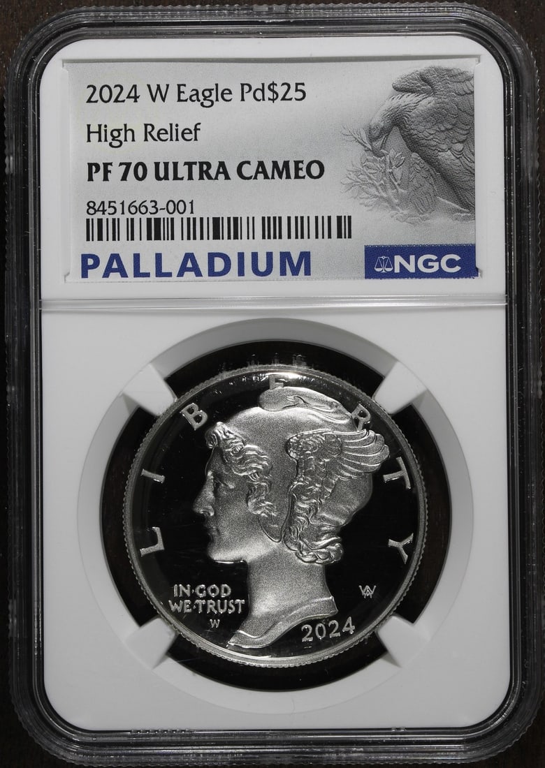 NGC PF70 Ultra Cameo 2024-W Palladium Eagle $25 Proof Coin 1 oz: NGC PF70 Ultra Cameo 2024-W Palladium Eagle $25 Proof Coin 1 oz 2024-W Proof 1 oz Palladium Eagle coin certified by NGC with a PF70 Ultra Cameo grade. It is composed of palladium with a fineness of 0.