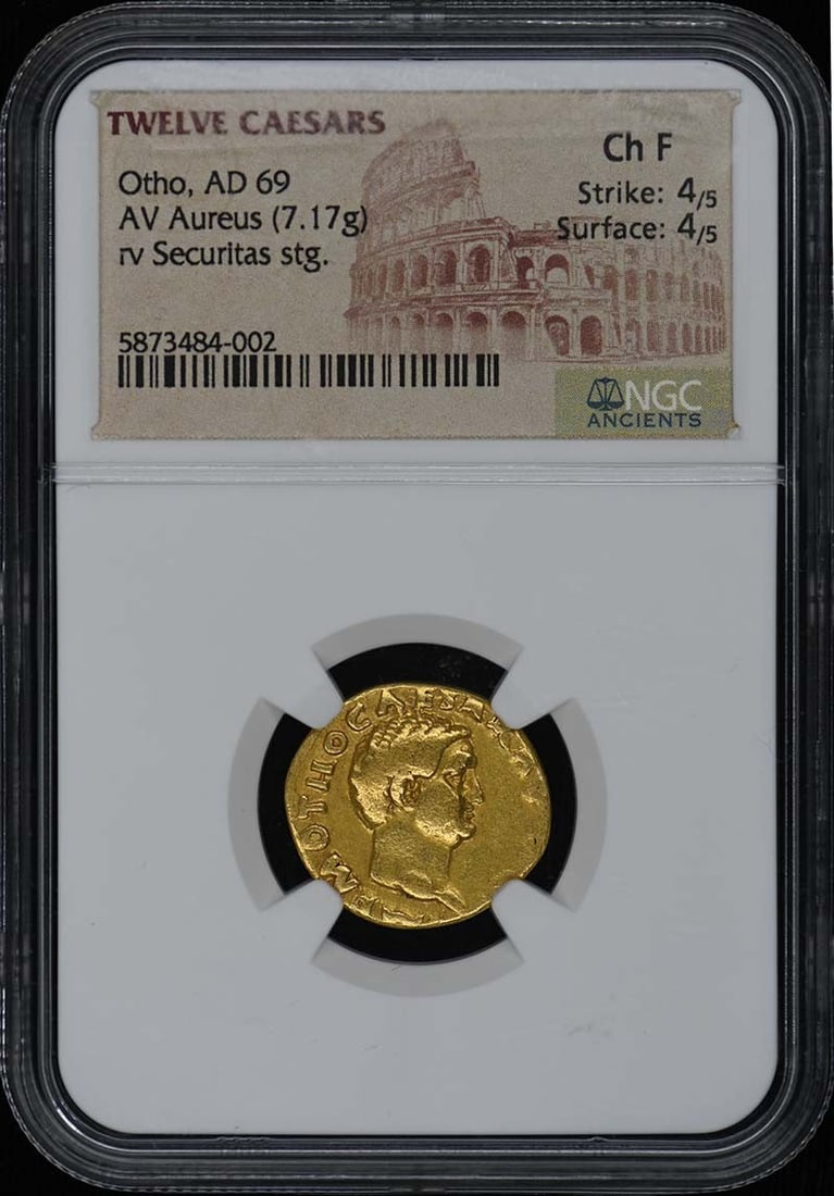 NGC Ch F Otho AD 69 Roman AV Aureus 7.17g: NGC Ch F Otho AD 69 Roman AV Aureus 7.17g This is an ancient Roman AV Aureus coin from the reign of Otho, dated to AD 69. The coin has been graded Choice Fine by NGC, with strike and surface ratings o